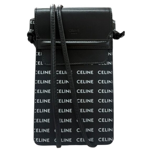 Celine Logo Print Black White Leather Shoulder Bag Phone Pouch Mobile